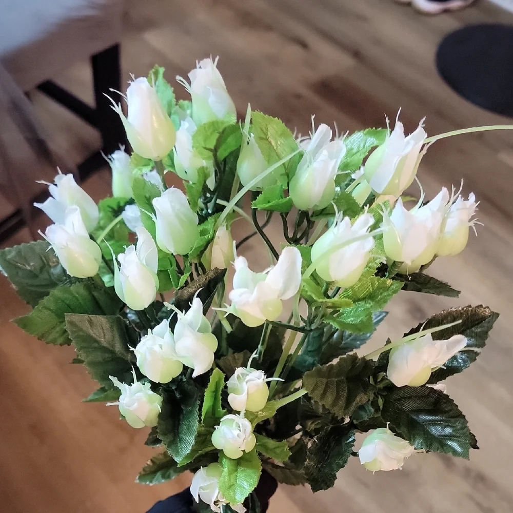 1 Dozen White Rose Buds  W/ Green Faux Floral Accent Arrangement